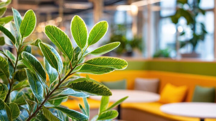 Closeup on a vibrant indoor plant with detailed leaves in focus while the surrounding cozy seating and interactive workspace remain tastefully out of focus.